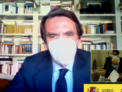 Aznar, durante su declaración como testigo en el juicio sobre la caja B del PP, el pasado 24 de abril.
