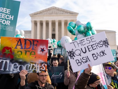 Activists demonstrate outside the US Supreme Court.