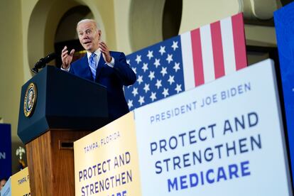 FILE - President Joe Biden speaks about his administration's plans to protect Social Security and Medicare and lower healthcare costs, Feb. 9, 2023, at the University of Tampa in Tampa, Fla. Biden will highlight the stark differences in how Democrats are tackling skyrocketing drug prices compared to their Republican counterparts as he gears up for an expected reelection announcement.(AP Photo/Patrick Semansky, File)