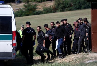 Un grupo de migrantes bajo custodia policial, tras ser detenidos el 15 de septiembre en Eslovaquia junto a la frontera con Hungría.