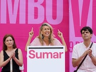 La vicepresidenta Yolanda Díaz, junto a María Sánchez y Juan Gascón, coordinador general de IU Castilla y León, en un acto en mayo de 2024.