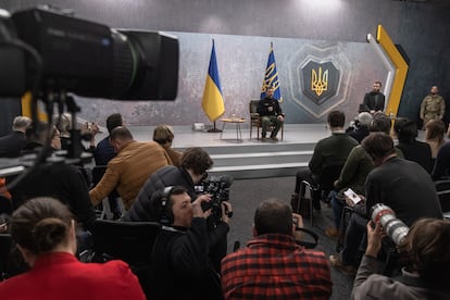 KYIV, UKRAINE - FEBRUARY 24: Ukrainian President Volodymyr Zelensky speaks to the media during a press conference as Ukraine marks one year since Russia's large-scale invasion, on February 24, 2023 in Kyiv, Ukraine. The Ukrainian President has largely remained in Kyiv since Russia launched its full-scale attack one year ago, making occasional visits to troops in frontline areas and a few high-profile trips to allied countries to lobby for military aid. (Photo by Roman Pilipey/Getty Images)