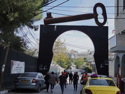 A large key stands at the entrance to the Aida refugee camp, next to Bethlehem in the West Bank.