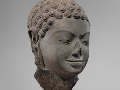 This 2005 photo shows a 7th century sculpture titled 'Head of Buddha' at the Metropolitan Museum of Art in New York, one of 16 pieces of artwork that the museum will return to Cambodia and Thailand.