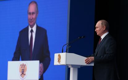 El presidente ruso, Vladímir Putin, durante una intervención en el Palacio Estatal del Kremlin, el miércoles.