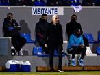 Real Madrid's head coach Zinedine Zidane watches the play during a Spanish Copa del Rey round of 32 soccer match between Alcoyano and Real Madrid at the El Collao stadium in Alcoy, Spain, Wednesday Jan. 20, 2021. (AP Photo/Jose Breton)