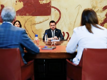 El presidente Pere Aragonès, en un momento de la reunión del Govern el pasado martes en el Palau de la Generalitat,