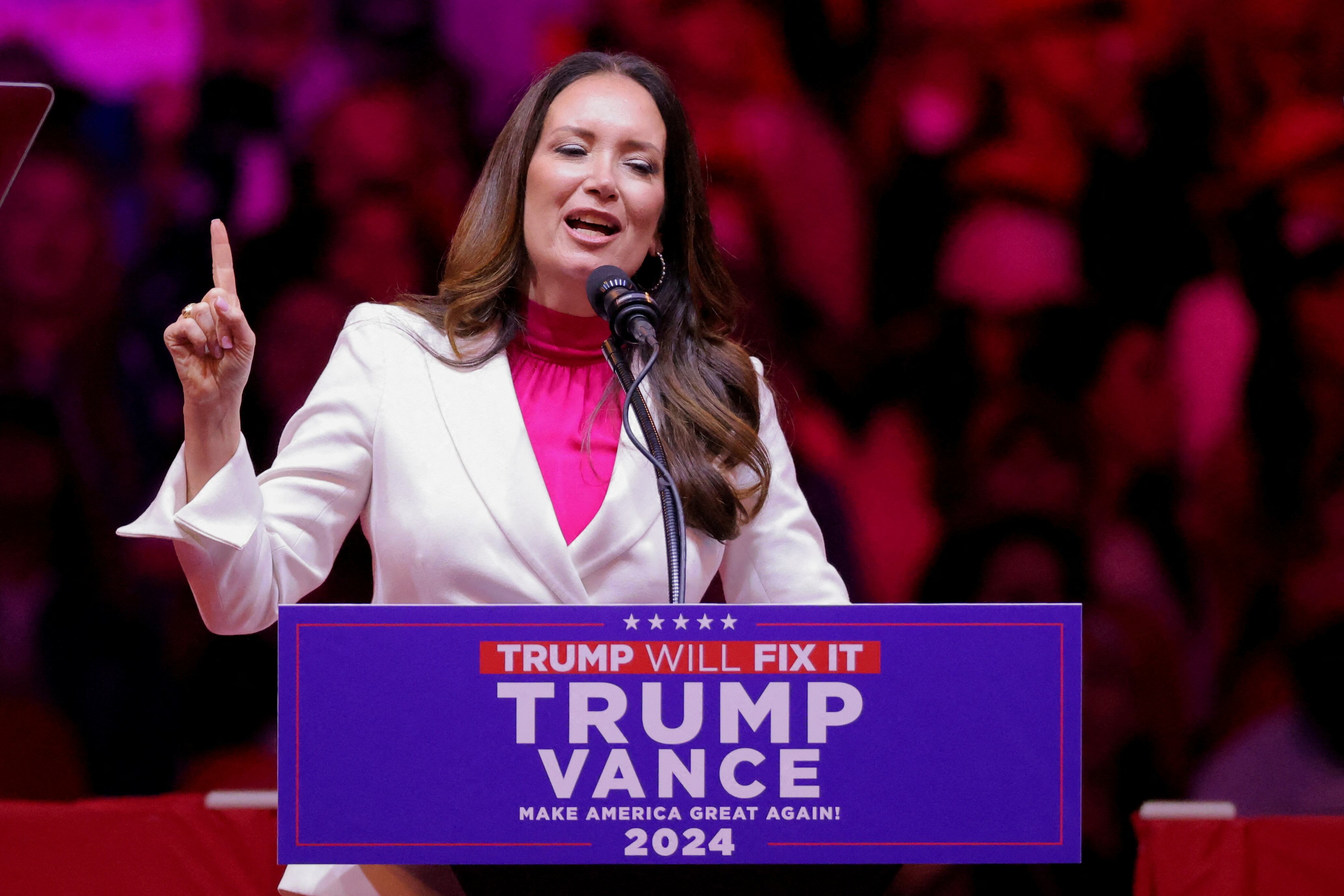 FILE PHOTO: Brooke Rollins, President and CEO of the America First Policy Institute speaks during a rally for Republican presidential nominee and former U.S. President Donald Trump at Madison Square Garden, in New York, U.S., October 27, 2024. REUTERS/Andrew Kelly/File Photo