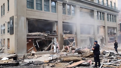 A view of damage and debris as first responders react to an explosion at the Sandman Hotel in downtown Fort Worth, Texas, on January 8, 2024.