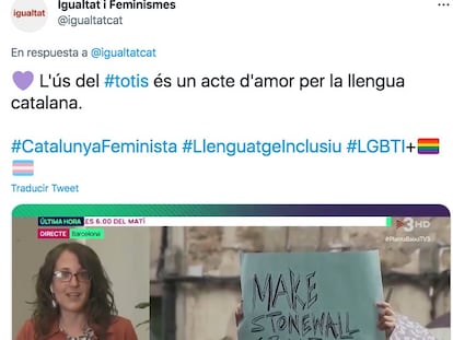 Tuit de la consejera de Igualdad y Feminismos, Tània Verge, a propósito del uso de 'totis'.