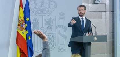 El presidente del PP, Pablo Casado en rueda de prensa en La Moncloa.