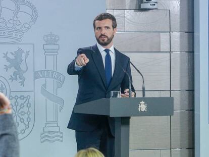 El presidente del PP, Pablo Casado en rueda de prensa en La Moncloa.