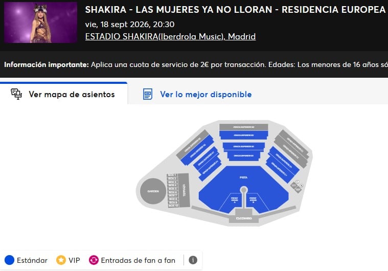 Imagen de la plataforma de venta de entradas para Shakira en Madrid.