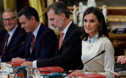 Desde la izquierda, José Guirao, Pedro Sánchez, el rey Felipe y la reina Letizia, este miércoles en Aranjuez. 