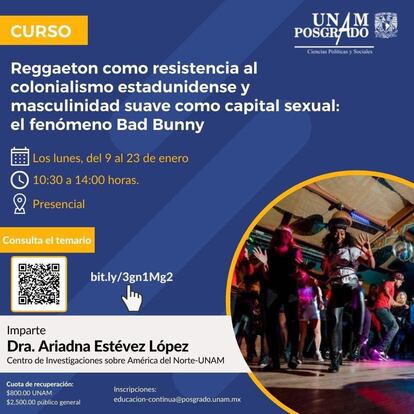 Cartel del curso que ofrece la UNAM sobre Bad Bunny.