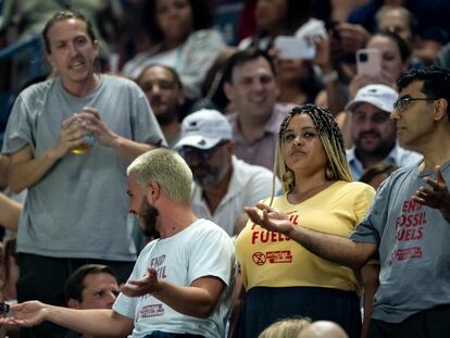 Protesters interrupt the semifinal match between Karolina Muchova of the Czech Republic and Coco Gauff of the United States at the US Open Tennis Championships at the USTA National Tennis Center in Flushing Meadows, New York, USA, 07 September 2023.