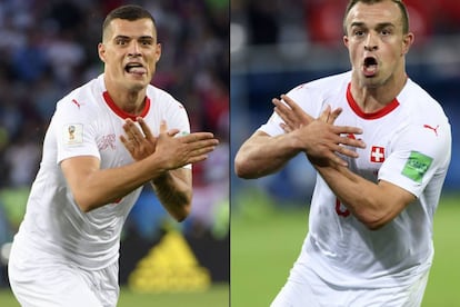 Xhaka (esquerda) e Shaqiri comemoram os gols contra a Sérvia com o gesto da águia, símbolo da bandeira albanesa.