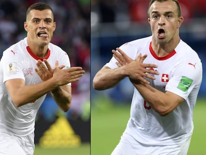 Xhaka (esquerda) e Shaqiri comemoram os gols contra a Sérvia com o gesto da águia, símbolo da bandeira albanesa.