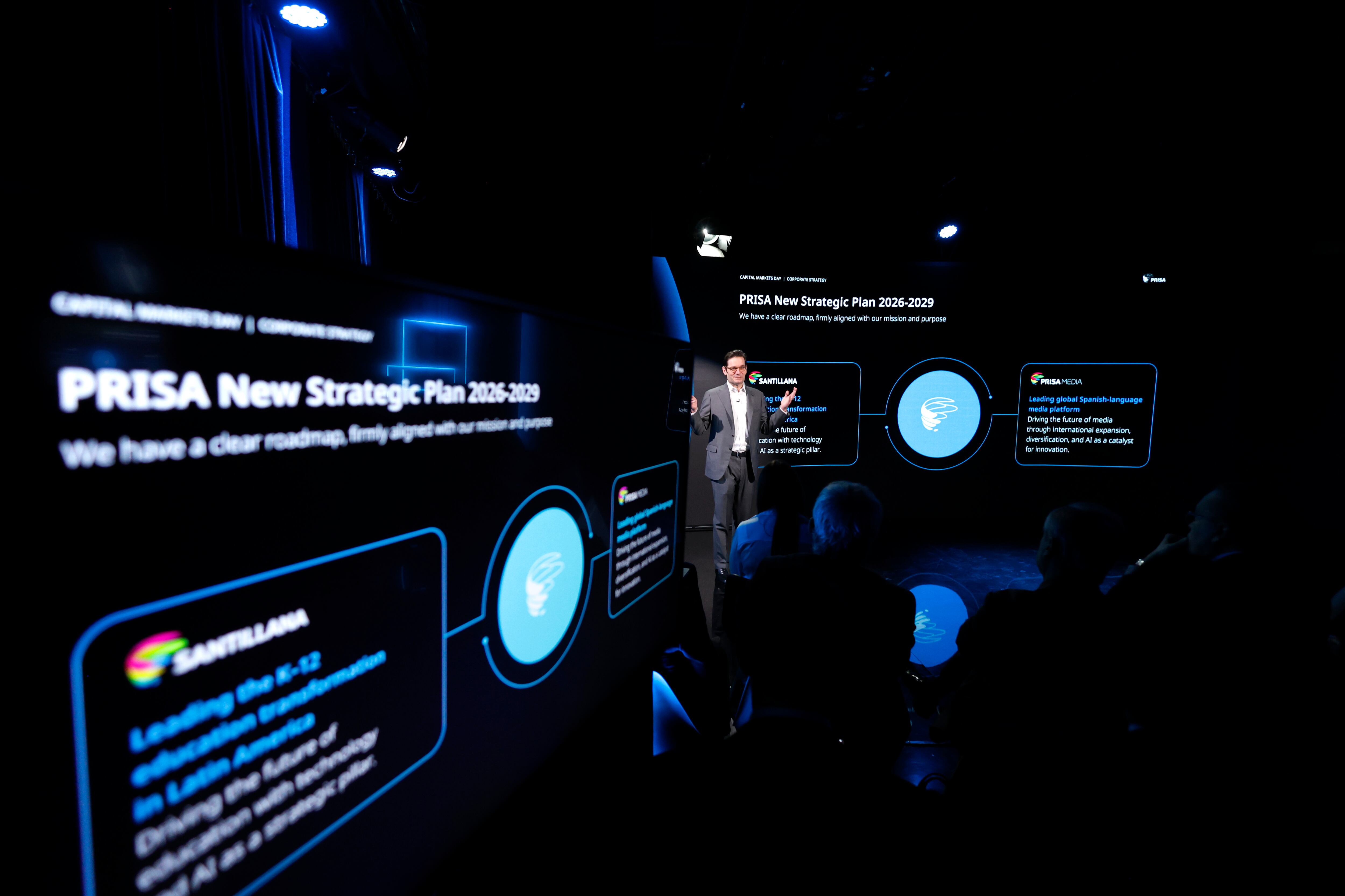 El presidente de Prisa, Joseph Oughourlian, durante la presentación del plan estratégico este martes en Madrid.