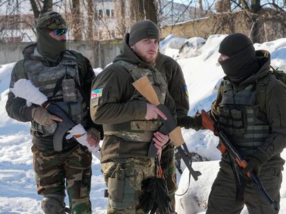 Miembros de la conocida como Legión Georgiana, mayoritaria de esta nacionalidad, durante unos entrenamientos en Kiev, el pasado 4 de febrero