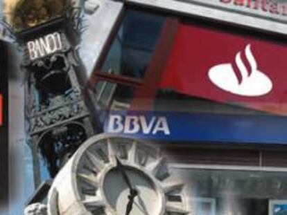 Fotomontaje con sucursales de diversas entidades financieras y detalle del edificio del Banco de España