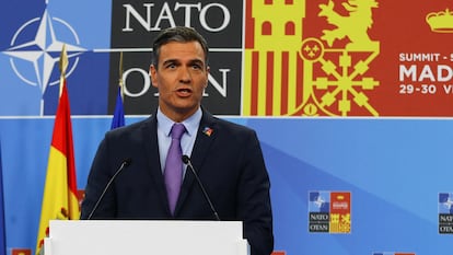 Pedro Sánchez durante una comparecencia de prensa en la cumbre de la OTAN en Madrid.