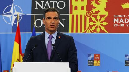 Pedro Sánchez durante una comparecencia de prensa en la cumbre de la OTAN en Madrid.