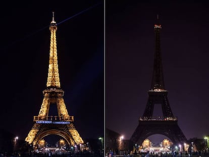 Estas dos imágenes muestran la Torre Eiffel antes y durante la Hora del Planeta en París, Francia.