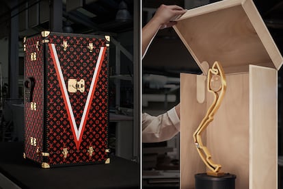 Detalles del Trophy Trunk del GP de Mónaco, con el premio con la forma del trazado en su interior.