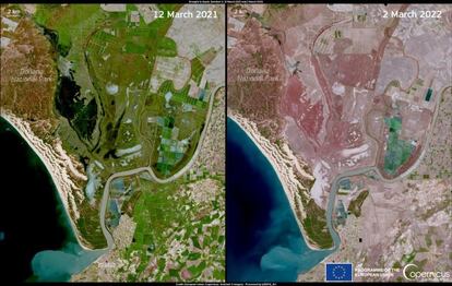 Imágenes de satélite del entorno de Doñana en marzo de 2021 y marzo de 2022.