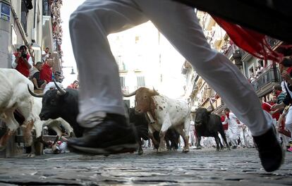 Los morlacos, cinco negros y un castaño, con pesos entre los 515 y 590 kilos, han prescindido de su fama y, sin prestar atención en ningún momento a los mozos, han recorrido los 848 metros del encierro en 2 minutos y 10 segundos, aunque el despiste de uno de ellos en el coso ha prolongado la duración hasta los 2 minutos y 19 segundos.