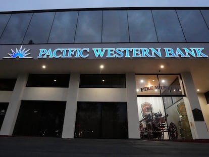 A Pacific Western Bank branch is seen Wednesday, May 3, 2023, in Thousand Oaks, Calif.