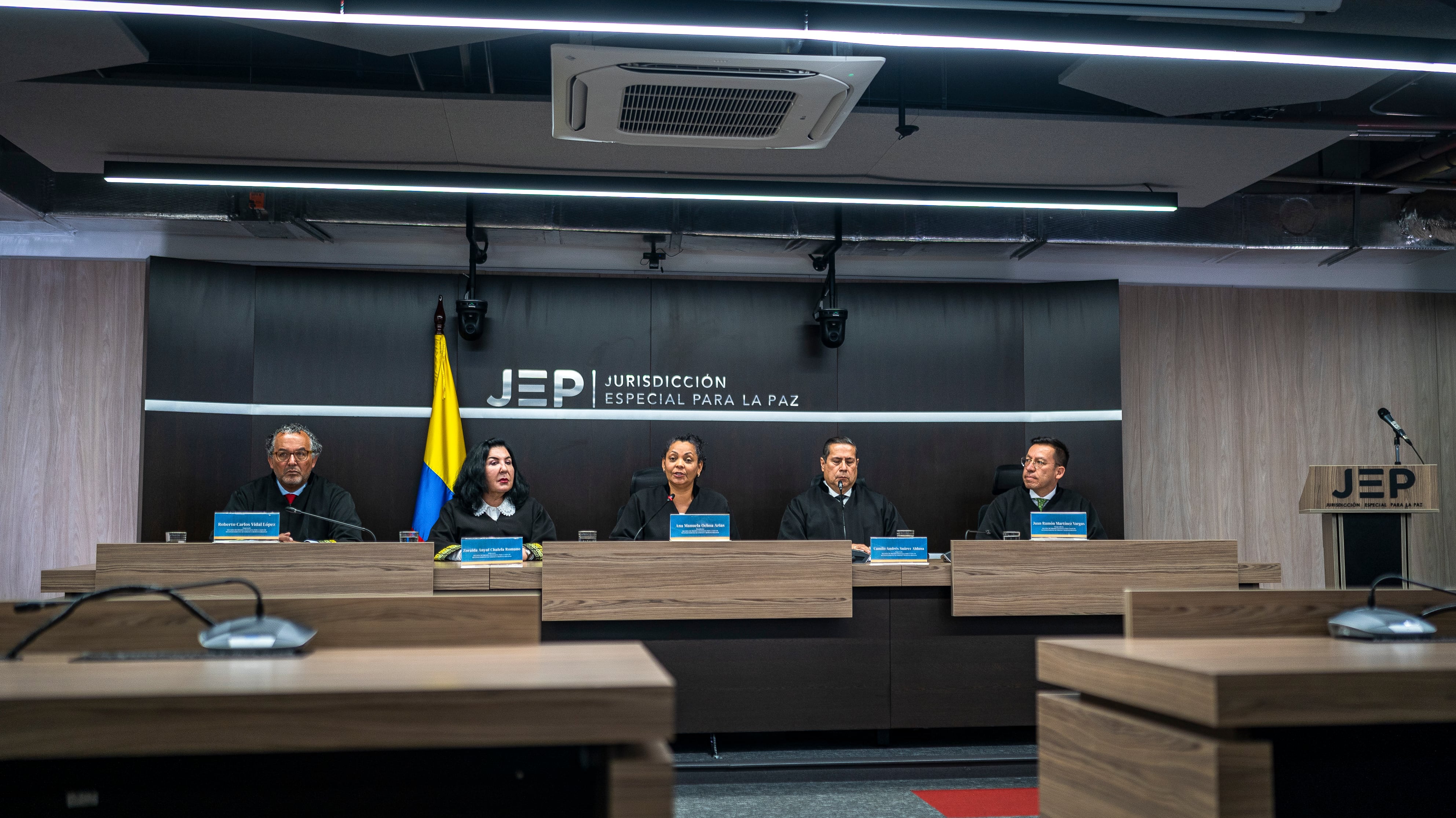 Sesión de sentencia de la JEP por secuestro, en Bogotá, este martes.