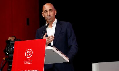 Luis Rubiales, el 25 de agosto, durante la comparecencia en la que anunci que no pensaba dimitir como presidente de la RFEF.