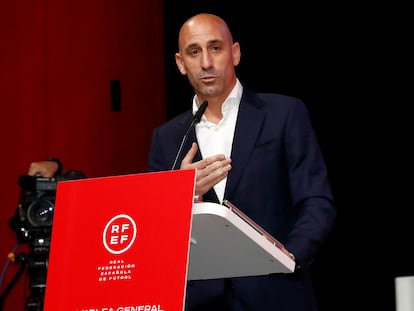 Luis Rubiales, el 25 de agosto, durante la comparecencia en la que anunció que no pensaba dimitir como presidente de la RFEF.