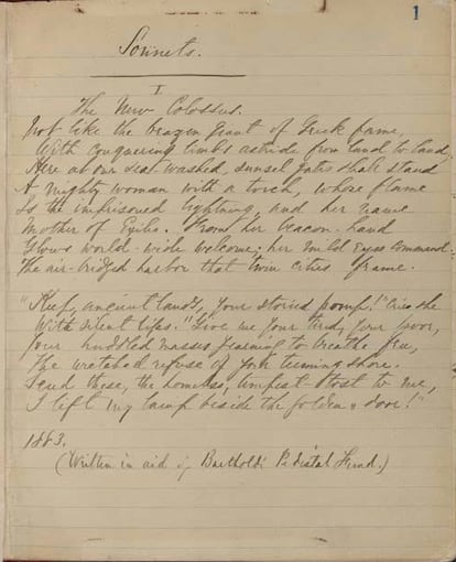 The original 1883 manuscript of “The New Colossus” by Emma Lazarus. 