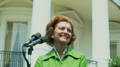 Betty Ford smiles during a press conference outside the White House, in an undated image.