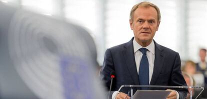 Donald Tusk, presidente del Consejo Europeo, en el Parlamento Europeo, en Estrasburgo.