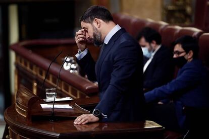 El líder de Vox, Santiago Abascal, durante su intervención en la segunda sesión del debate de moción de censura presentada por su partido.
