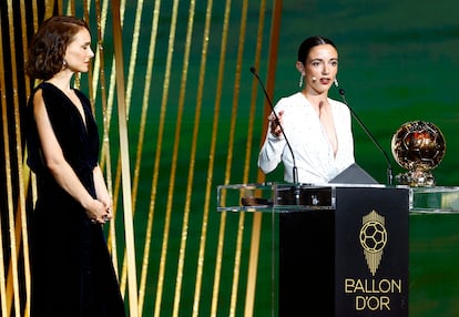 Aitana Bonmati speaks after winning the Ballon d'Or.