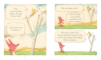 Cartoons uit 'Fox & Chick. Upstairs, Downstairs' van Sergio Ruzzier, in het Spaans uitgegeven door Liana.