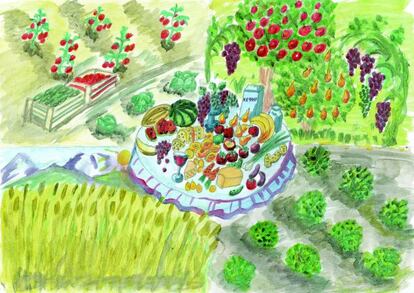 El dibujo de Akylai Ishenbaeva, de ocho años, muestra la diversidad de frutas y verduras que se pueden cultivar en su país, Kirguistán. Akylai opina que la alimentación sana debería estar disponible para todo el mundo. Su hobby es cultivar plantas exóticas y un día quiere producir comida orgánica.