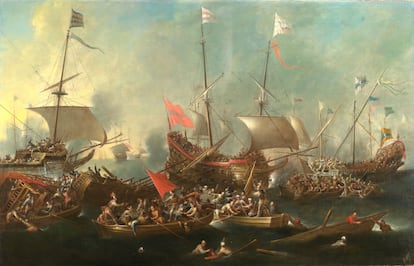 Óleo de la batalla de Lepanto (1615-1620), obra del pintor barroco flamenco Andries van Eertvelt, especializado en marinas. 