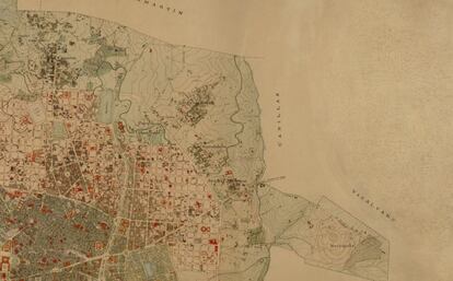 Mapa de Madrid y su término municipal de 1910, del ingeniero Núñez Granés. En rojo se aprecian las zonas construidas. También aparecen pequeñas poblaciones que terminaron integrándose en el casco urbano de Madrid, como Cuatro Caminos, Prosperidad o La Guindalera.