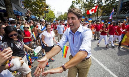 Trudeau en el D&iacute;a del Orgullo Gay 2015, antes de asumir como primer ministro 