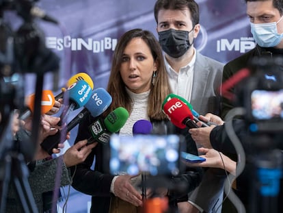 La secretaria general de Podemos, Ione Belarra, en un acto en Murcia, en abril.