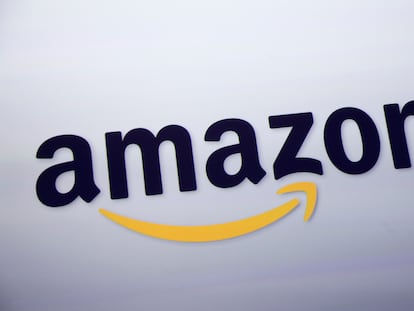 The Amazon logo is displayed at a news conference in New York on Sept. 28, 2011.