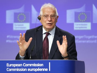 El jefe de la diplomacia comunitaria, Josep Borrell, durante la rueda de prensa en Bruselas, este martes.
