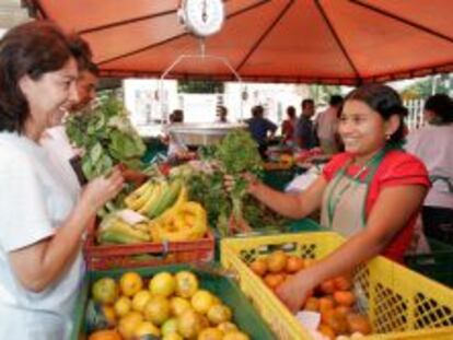 Se&ntilde;ora comprando fruta en el puesto de un mercadillo