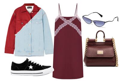 Cazadora vaquera de House of Holland (347 €), vestido lencero de Women'Secret (32,99 €), zapatillas de Converse (74 €), bolso de Dolce & Gabbana (c. p. v.) y gafas de sol de Bimba y Lola (92 €).